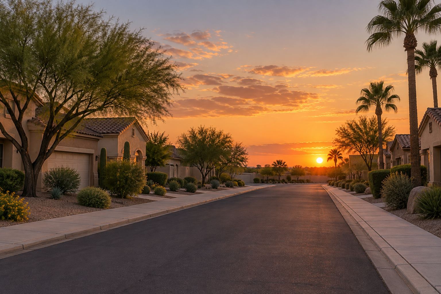 A Parker residential street at sunset, illustrative